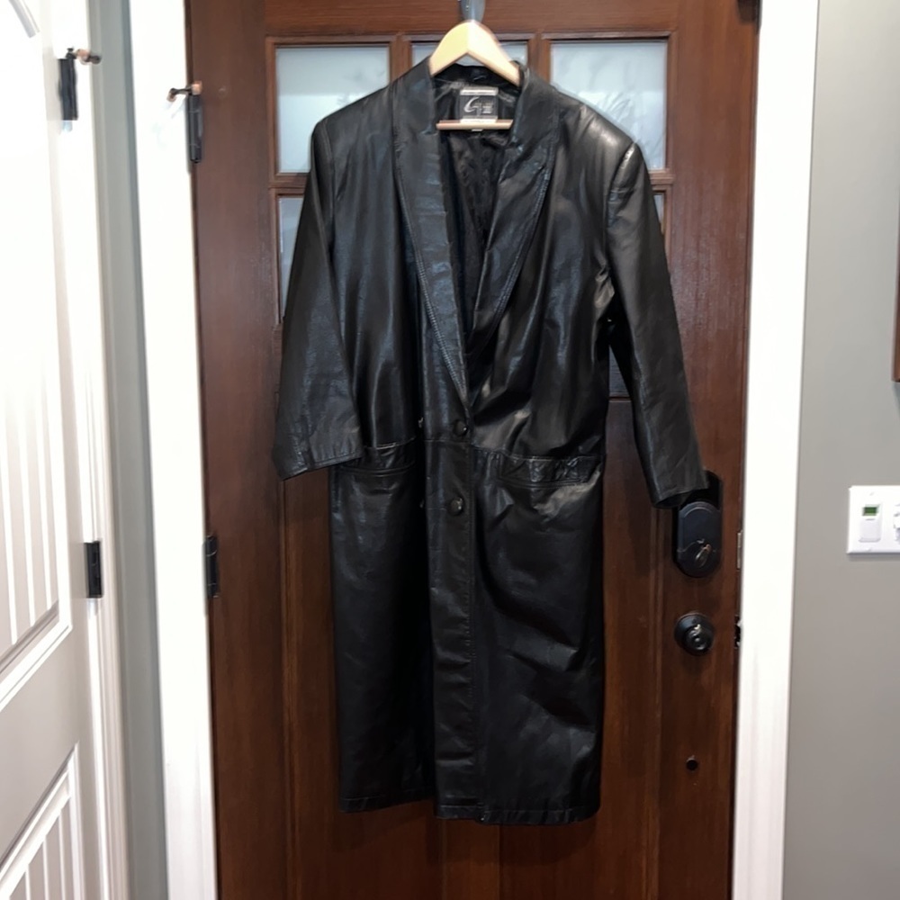 vintage full length black genuine leather trench coat 80s 90s goth grunge L